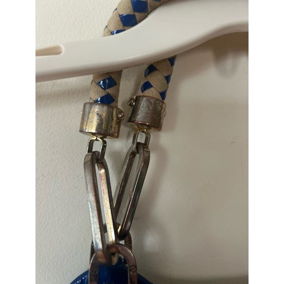 Tory Burch Canvas Tote Purse Bag Beach Beige Navy Blue w/ Gold Logo - Picture 4 of 11